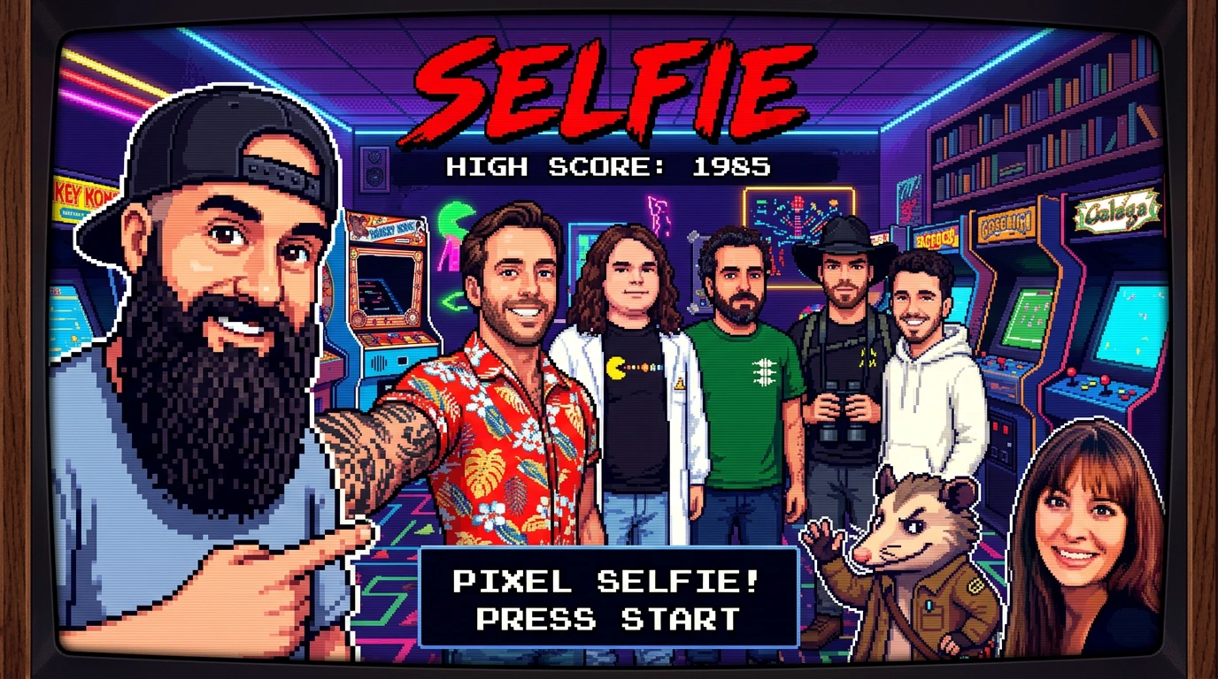 Selfie pixel de feria en una tele arcade: Brais Moure, Jordi Wild, Aythami Soto, Memorias de Pez, Mario de Wonder con fedora, Nacho Amela, Zar y Ester Sancho