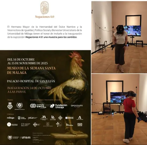 Cartel de la exposición Negaciones 4.0 en el Museo de la Semana Santa de Málaga, junto a dos fotografías de visitantes recorriendo la muestra con gafas de realidad virtual.