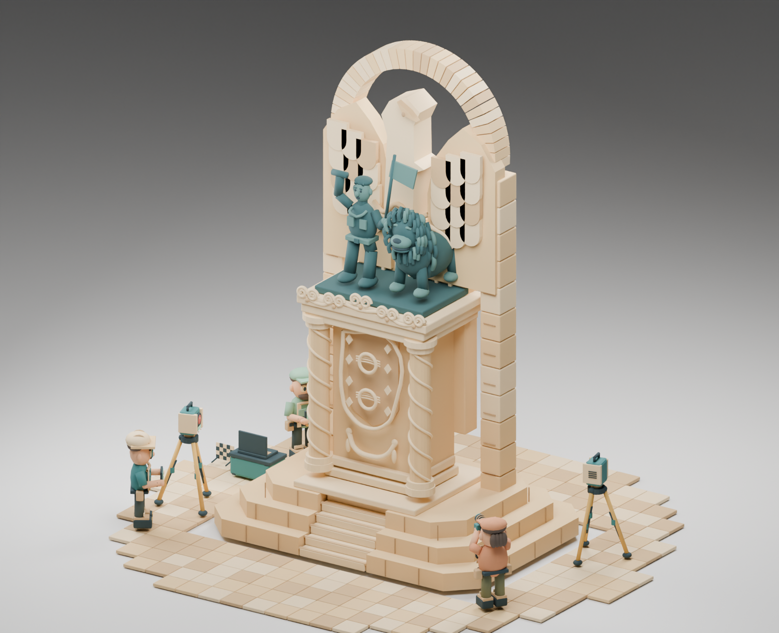 Monumento de piedra con pájaro, arco, figura y león, rodeado de dos escáneres láser y tres operarios de Opossum